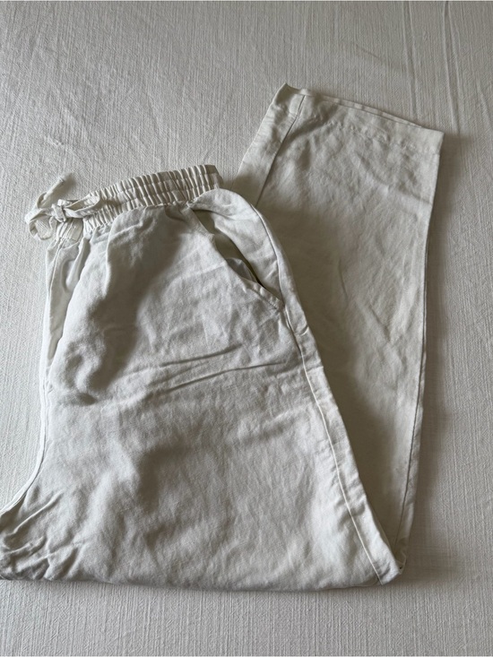 Essentials Style Pants - Essentials Style White Linen Blend Drawstring Pull-On Pants